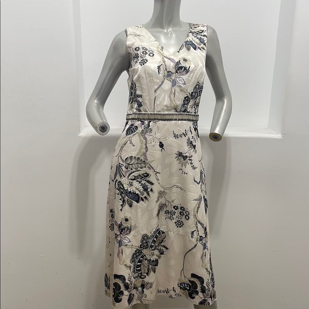 Iren Klairie Floral Print Sleeveless Dress  Beads Accent at Waist Size EUR 36